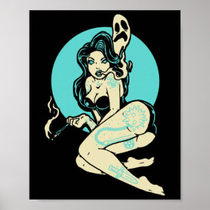 Poster Tatoué Goth Pin-up Girl Horror Ghost Moon Rockab