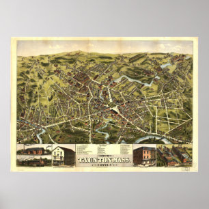 Poster Taunton Massachusetts 1875 Antique Panoramic Map