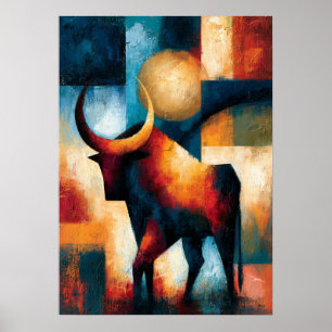 Poster Taureau cramoisi Art animalier géométrique japonai