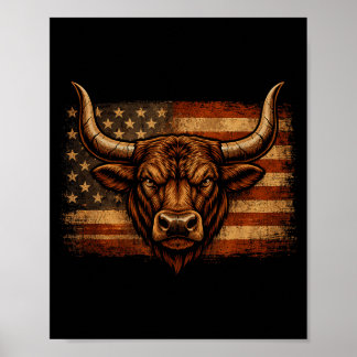 Poster Taureau drapeau américain en détresse western coun