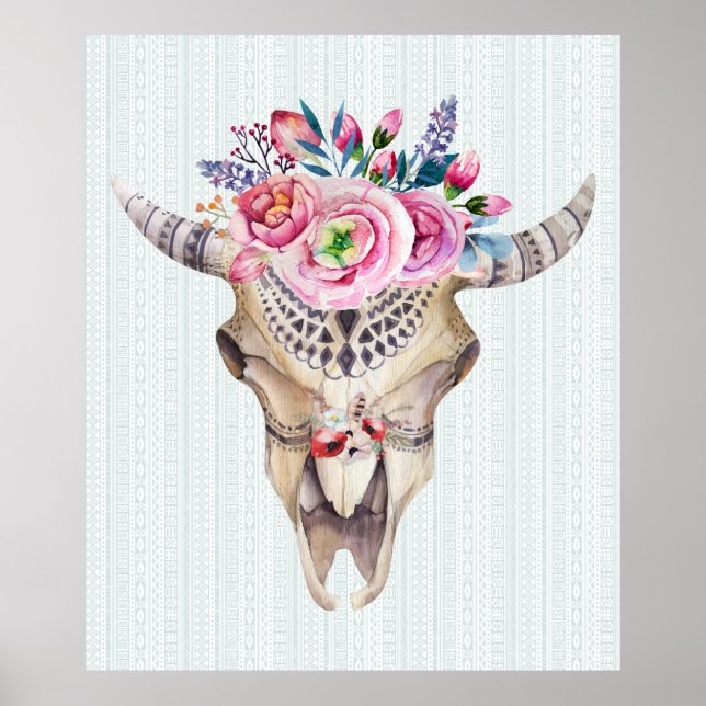 Poster Taureau Tribal Crâne et aquarelles roses Fleurs (Devant)