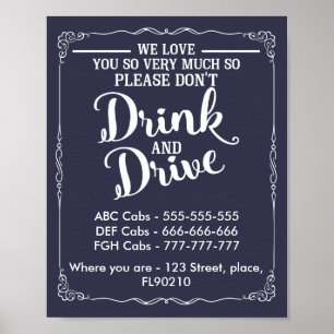 Poster Taxis mariage signe ne boire pas et conduire