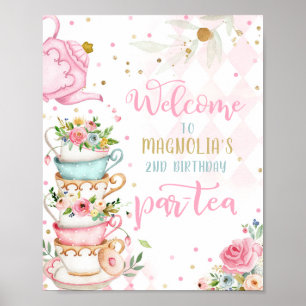 Poster Tea Party Anniversaire Fille Rose & Or Floral Par
