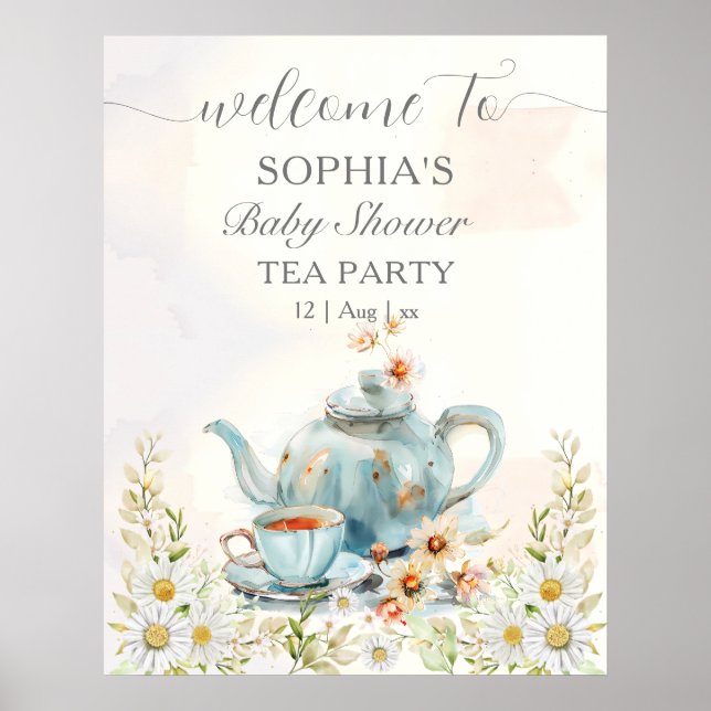 Poster Tea Party Aquarelle Teapot Baby shower garçon (Devant)
