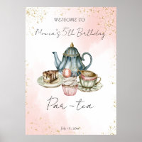 Tea party bleu rose aquarelle anniversaire bienven