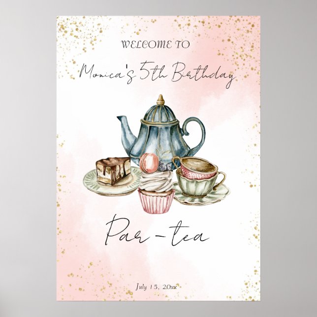 Poster Tea party bleu rose aquarelle anniversaire bienven (Devant)