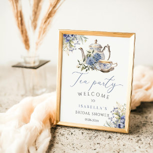 Poster Tea Party Blue Floral Aquarelle Bienvenue