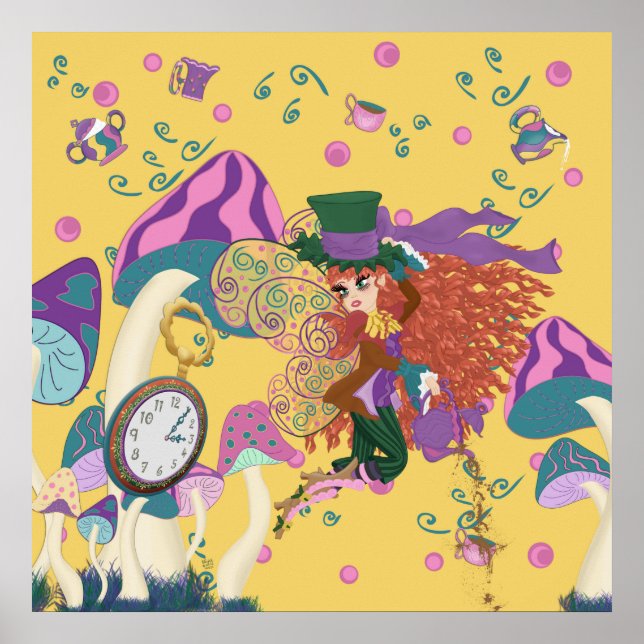 Poster Tea Party Fairy, Vintage Watch et champignons (Devant)