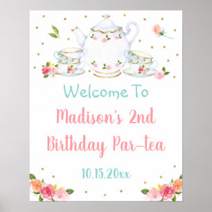 Poster Tea Party or rose Floral Anniversaire Bienvenue