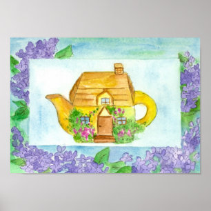 Poster Tea Time Teapot Lilac Aquarelle Fleurs Cottage