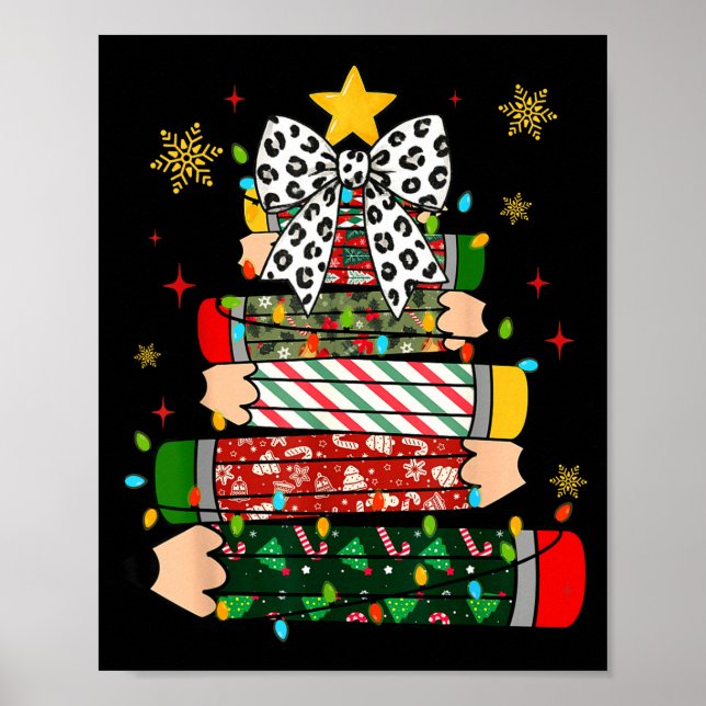 Poster Teacher Christmas Tree Lights Pencil Leopard Print (Devant)