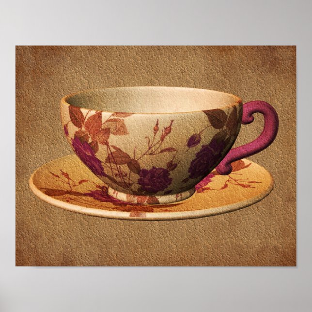 Poster Teacup Florale Sur L'Art Papier Vieilli (Devant)