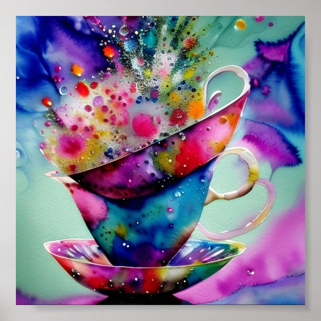 Poster Teacups aquarelle (Devant)