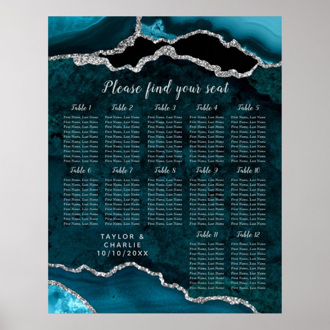 Poster Teal and Silver Agate Wedding Seating Chart (Devant)