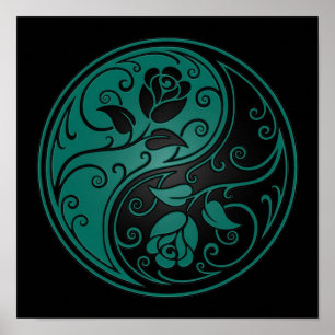 Poster Teal Blue and Black Yin Yang Roses