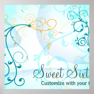 Poster Teal Blue Swirls Sweet Sixteen Birthday Banner
