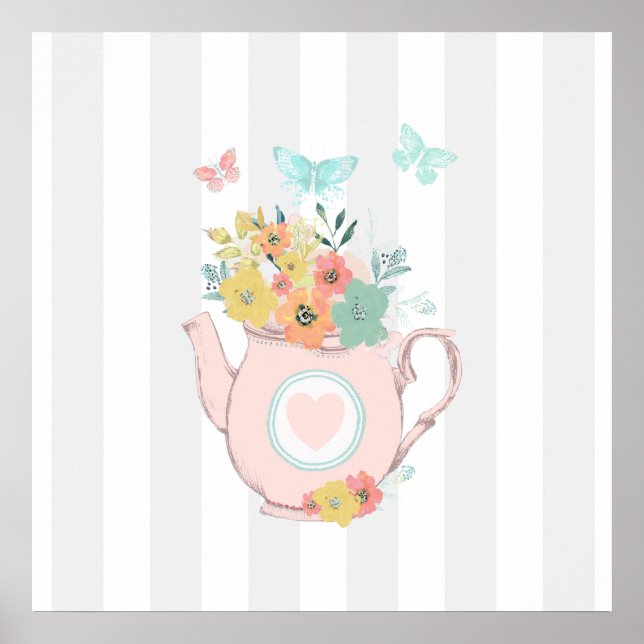 Poster Teapot rose avec Fleurs et Papillons Gris Gris (Devant)
