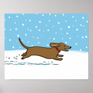 Poster Teckel de neige - chien heureux de saucisse