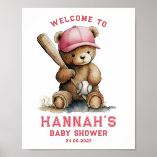 Poster Tedd Bear Baseball Player Boy Welcome Baby Shower
