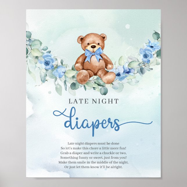 Poster Teddy bear bleu floral tard la nuit Diapos jeu (Devant)
