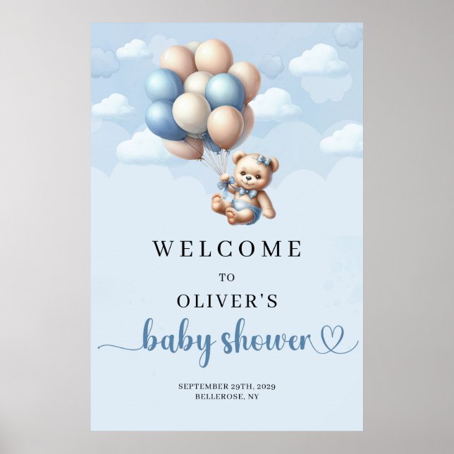 Poster Teddy bear bleu ivoire Boy Baby shower Bienvenue (Devant)