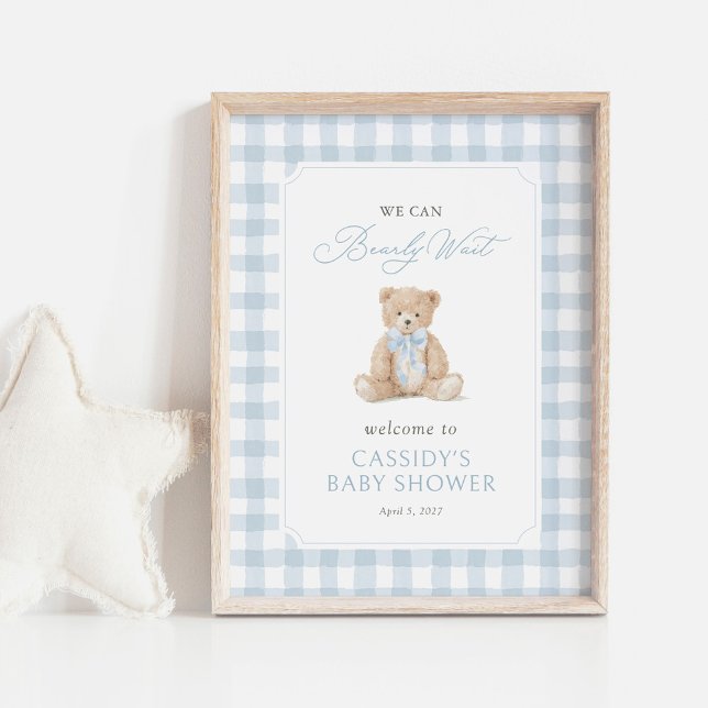 Poster Teddy Bear Blue Gingham Baby Shower Welcome Sign (Créateur téléchargé)