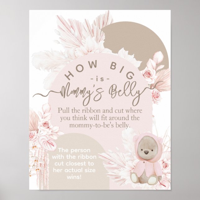Poster Teddy Bear Boho Girl Baby shower deviner le ventre (Devant)