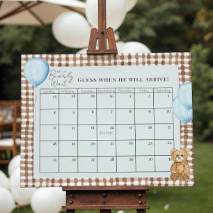 Poster Teddy Bear Boy Baby shower Bleu Date d'échéance Ca