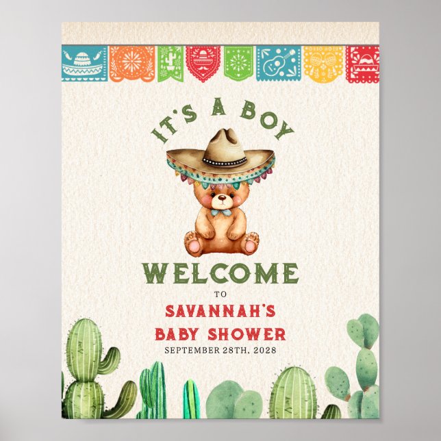 Poster Teddy Bear Cactus Boy Baby shower Fiesta (Devant)
