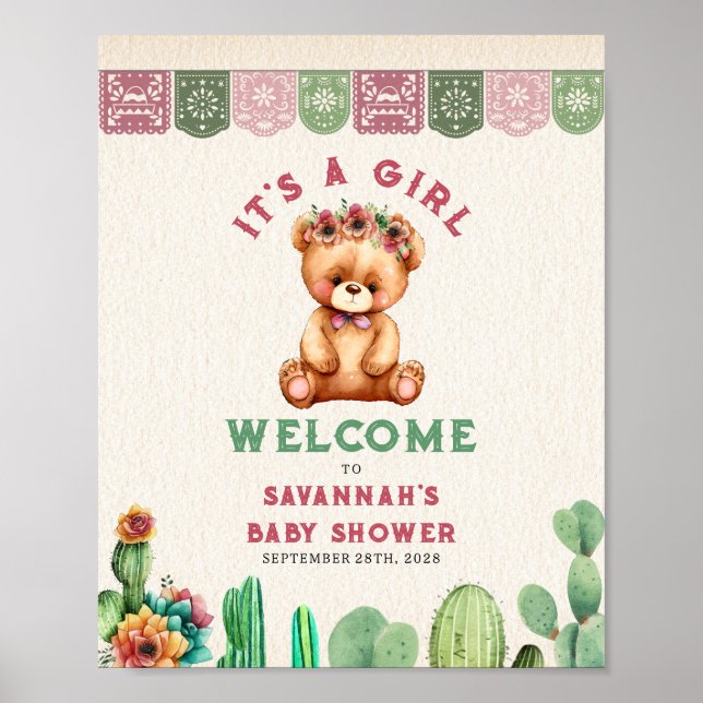 Poster Teddy Bear Cactus Fille Baby shower Fiesta (Devant)