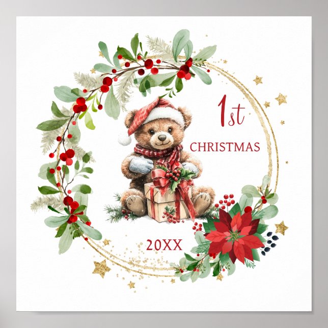Poster Teddy Bear Foliage Poinsettia Bébé 1er Noël (Devant)
