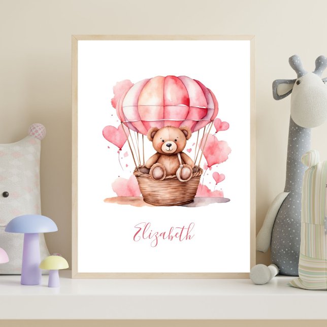 Poster Teddy Bear Hot Air Balloon Rose Baby Girl Nursery (Watercolor Pink Teddy Bear in Hot Air Balloon baby girl Nursery Wall Art. Add her name)
