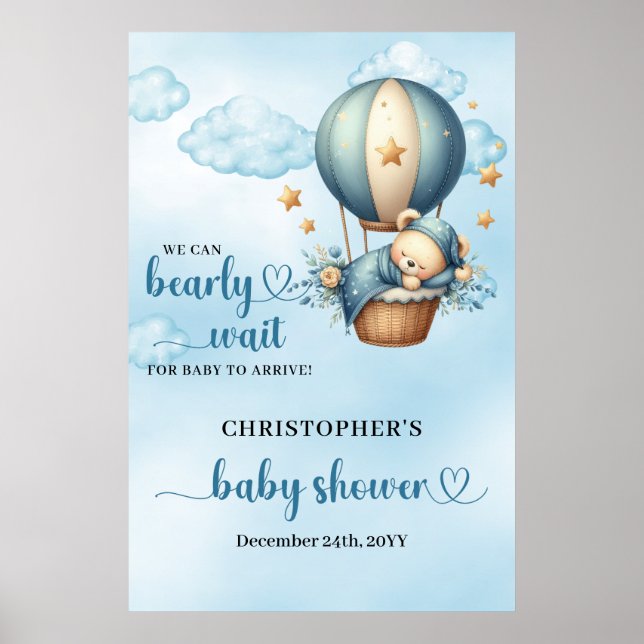 Poster Teddy bear montgolfière garçon baby shower bienven (Devant)