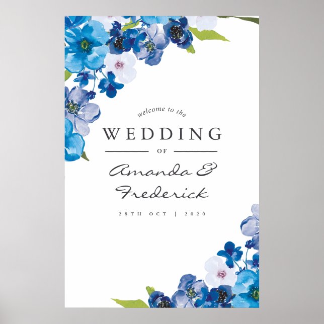 Poster teintes bleu Floral Mariage Accueil (Devant)