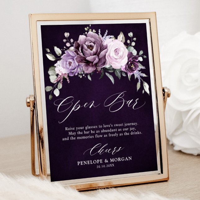 Poster Teintes de Dusty violet Mariage Open Bar Sign (Shades of dusty purple blooms floral open bar sign)