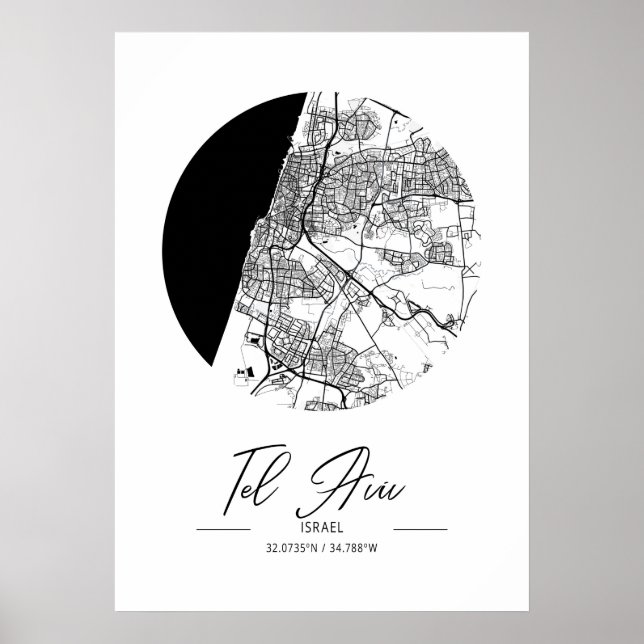 Poster Tel Aviv - Israël Carte de la ville d'eau noire (Devant)