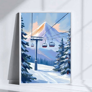 Poster Téléphérique Ski aquarelle hiver montagne