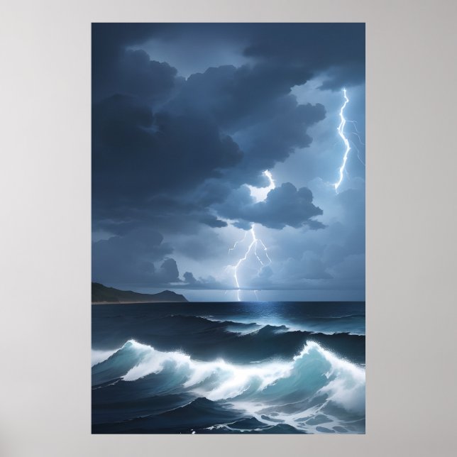 Poster Tempête de la foudre au-dessus de l'océan (Devant)