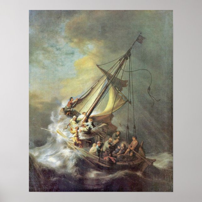 Poster Tempête sur la mer de Galilée par Rembrandt van Ri (Devant)