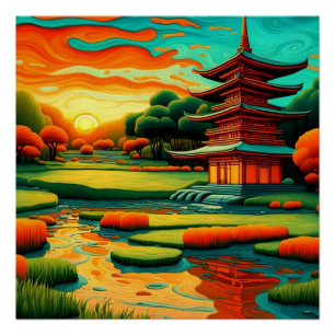 Poster Temple au coucher du soleil 1