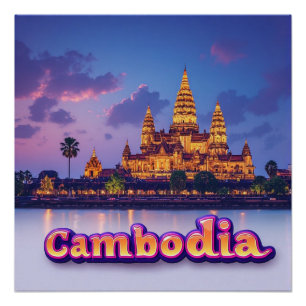 Poster Temple cambodgien doré au crépuscule