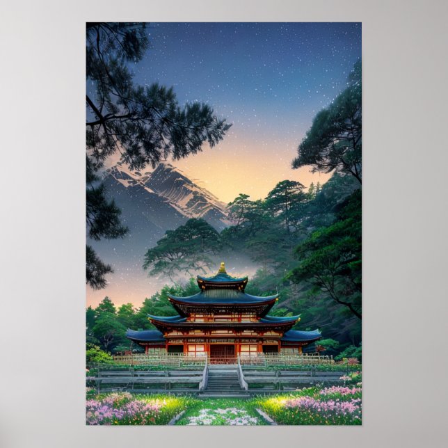 Poster Temple en bois au coeur de la nature (Devant)