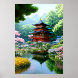 Poster Temple en bois dans le Jardin Japonais