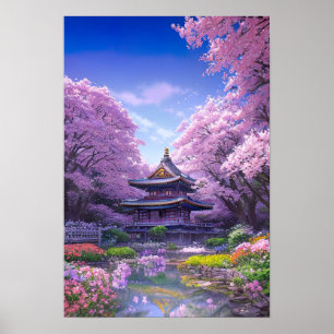 Poster Temple Entouré de Sakura Trees