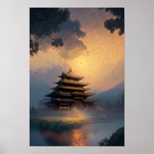 Poster Temple japonais dans la lumière du soir (Devant)