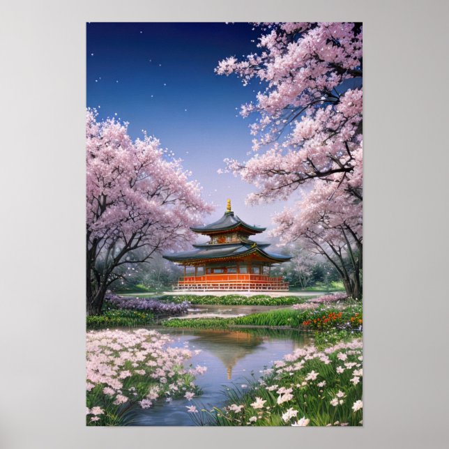 Poster Temple japonais dans un jardin (Devant)