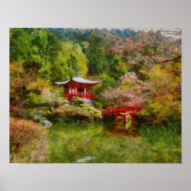 Poster Temple japonais rouge à côté d'un étang (Devant)
