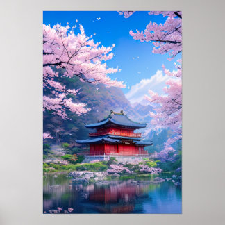 Poster Temple japonais traditionnel au bord du lac de Cal