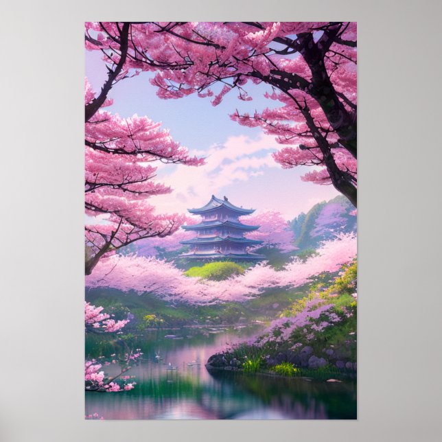 Poster Temple Lone, paysage de printemps (Devant)