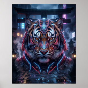 Poster Temple Néon du Tigre Samouraï